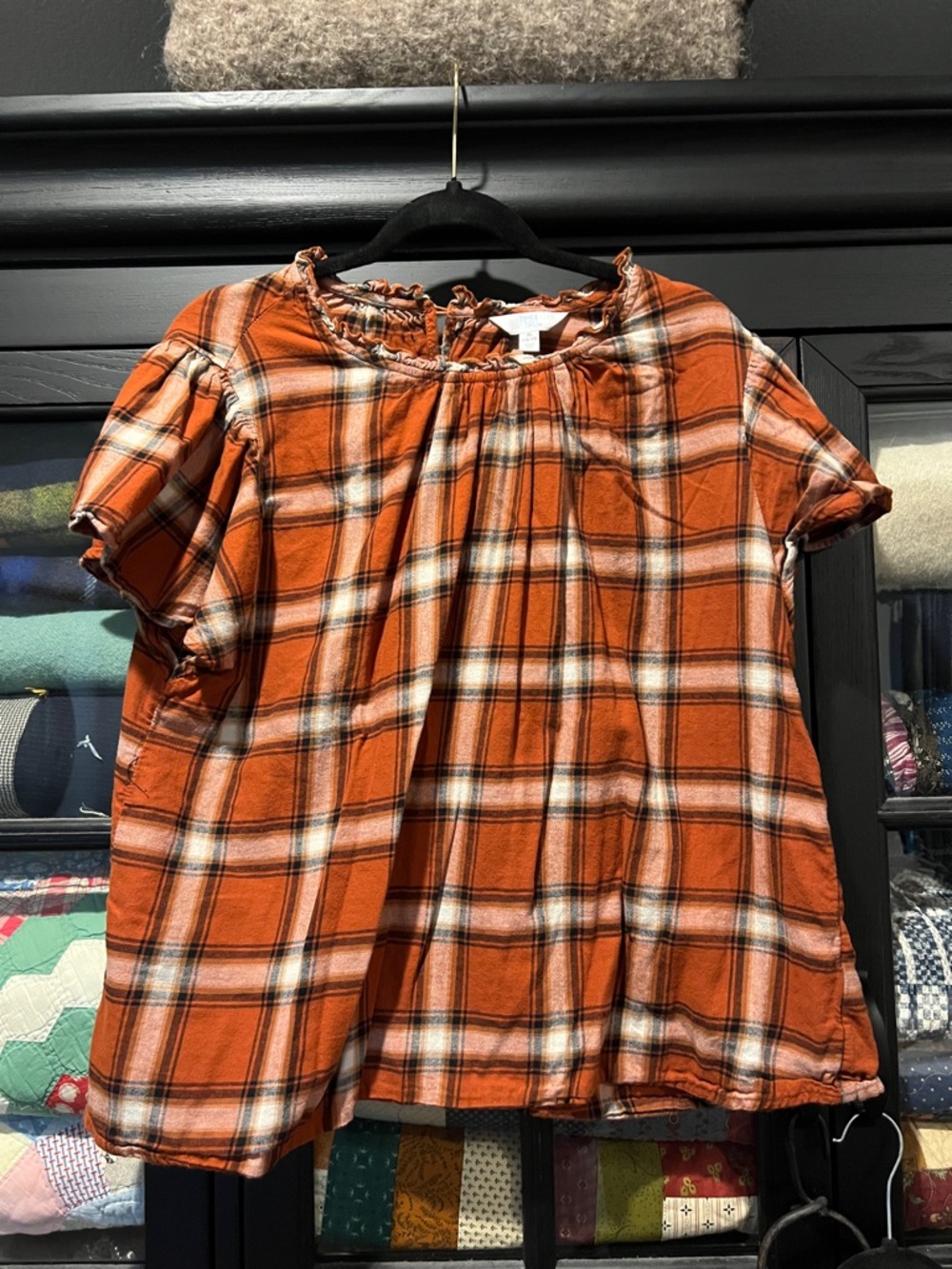 Time and Tru Orange Plaid Short-Sleeve Peasant Top